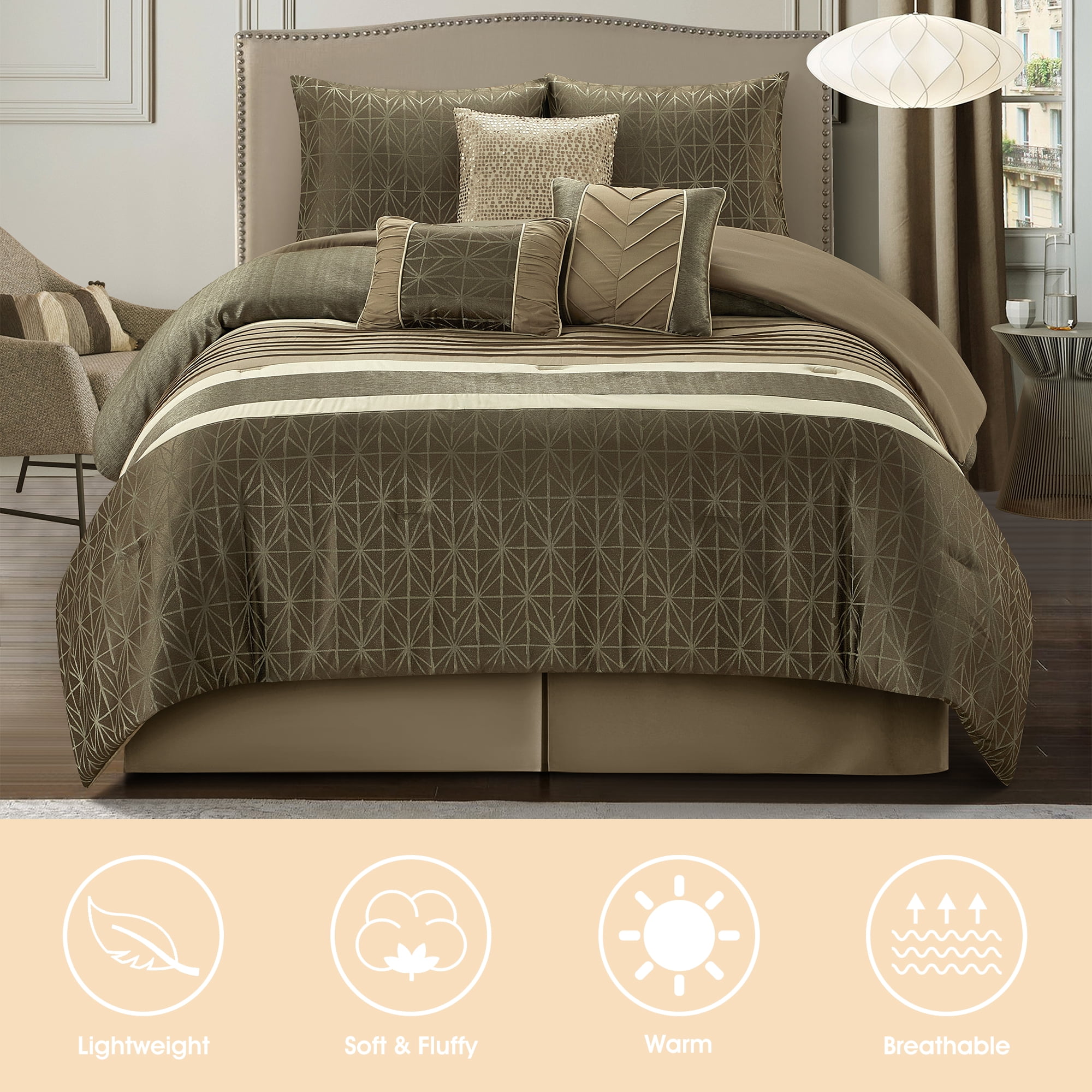 Lanco Taupe Comforter Set California King Size , Geometric Bedding Set , Jacquard with Matching Solid Piecework