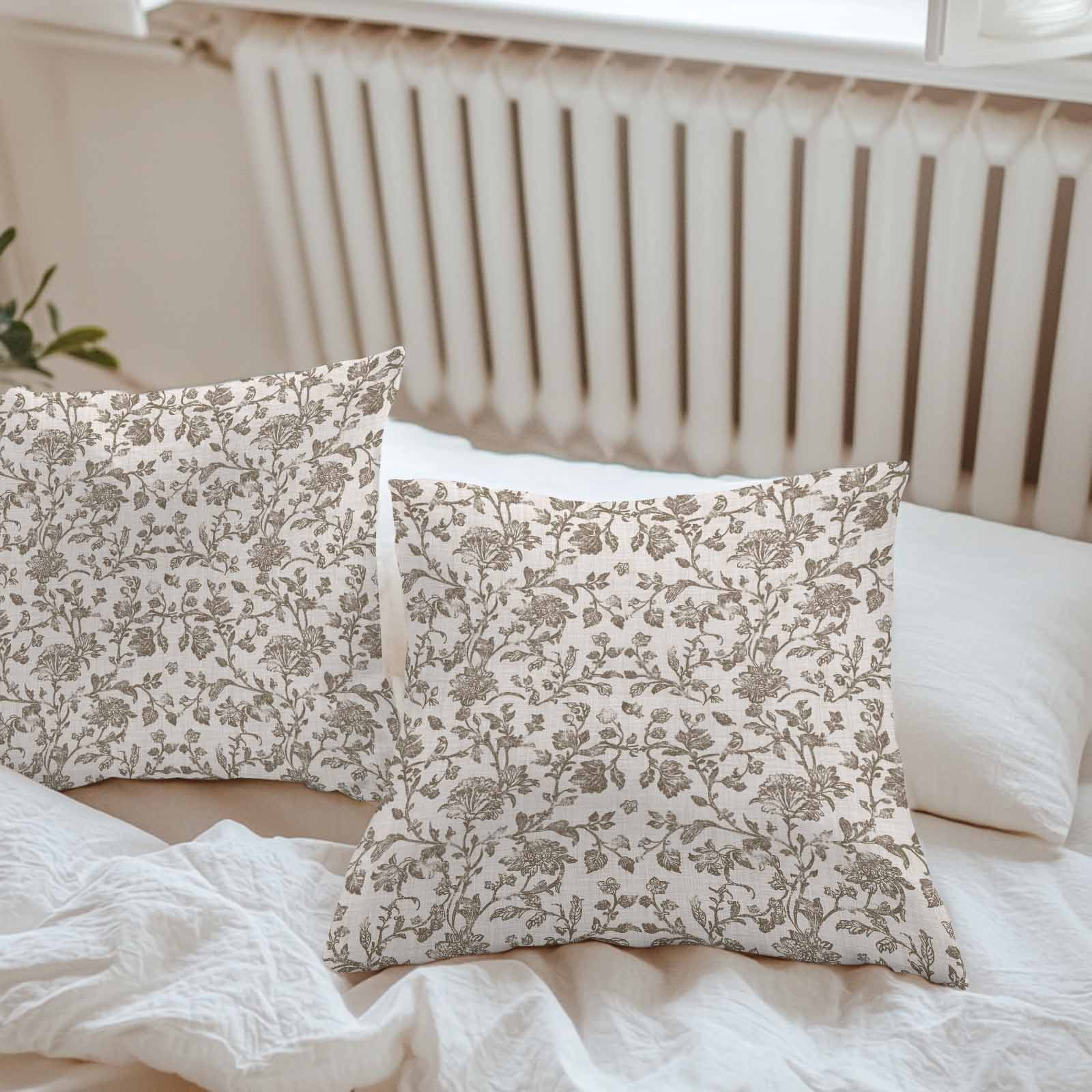Farmhouse Brown Waterproof Outdoor Throw Pillow Covers 20''x20'' Pack 2, Pillow Cases Throw Cushion Cover with Zipper, Vintage Flower Leaf Botanical Plant Washable Pillowcase for Poolside Sofa
