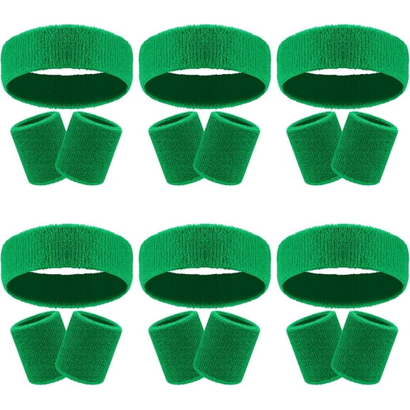 18 Pcs Sweatbands Headband Wristband Set Colorful Striped Terry Cloth Sports Athletic Gym 80s Sweat Headbands Wrist Bands (Dark Green)