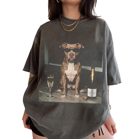 Vintage Pitbull Drinking Champagne Comfort Graphic Casual T-Shirt for Men and Women