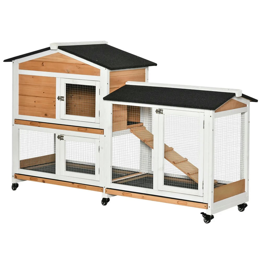 YYAo Rabbit Coop, Outdoor Rabbit House,62" Wooden Mobile Rabbit Hutch with Wheels, Run Box, Slide-out Tray, Ramp, Yellow