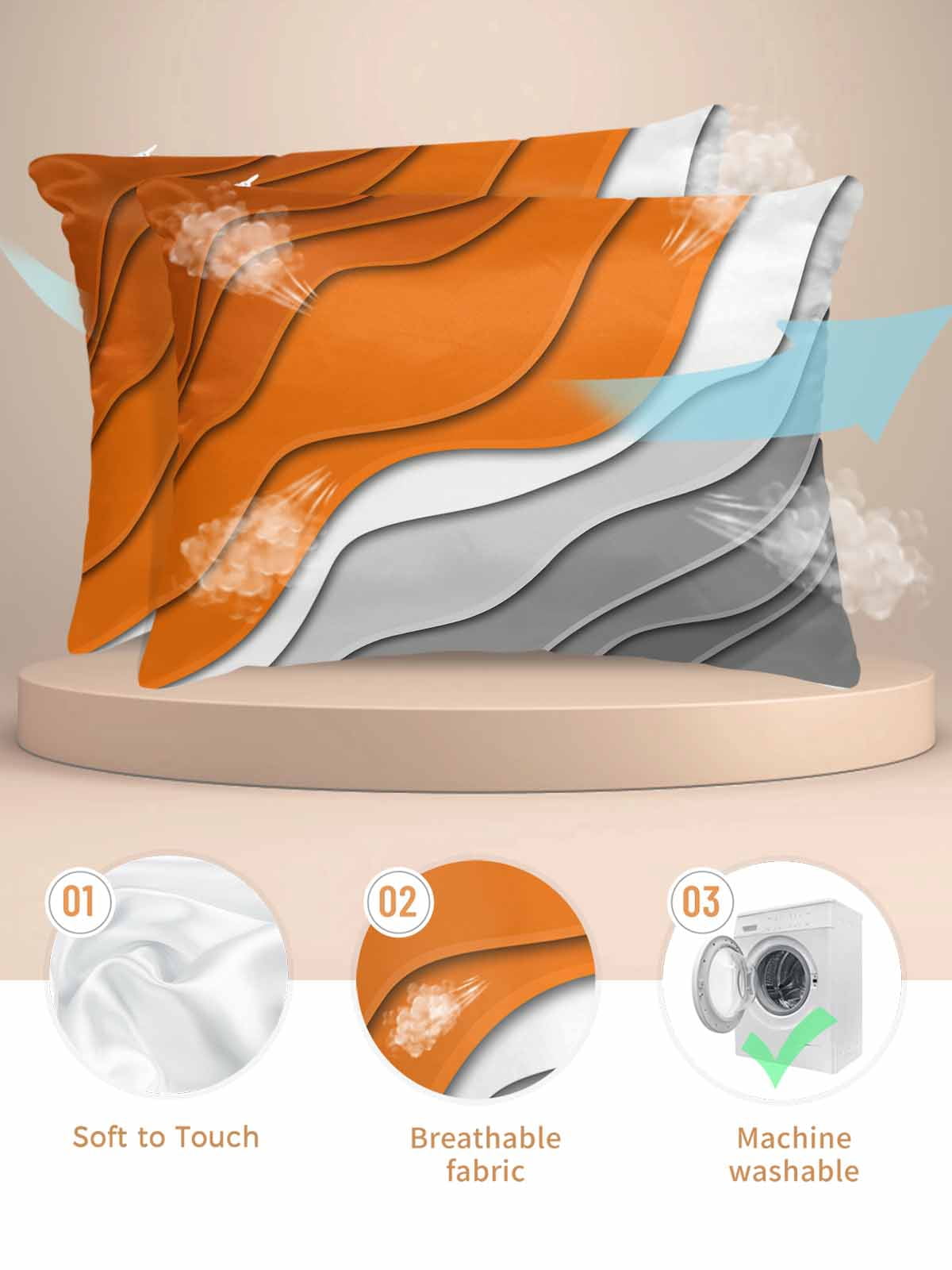 Orange Grey Ombre Satin Pillowcase for Hair and Skin with Zipper, Soft Breathable Cooling Silk Pillow Cases, Modern Geometric Abstract Aesthetics Cream Throw Pillow Covers King Size 20"x36" Set of 2
