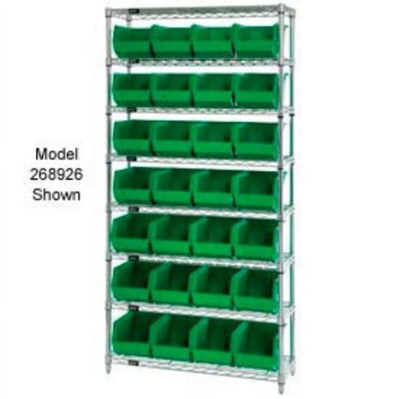 Quantum Storage Systems 268927GN WR7-245 Chrome Wire Shelving with 24 Giant Plastic Stacking Bins, Green - 36 x 12 x 74 in.
