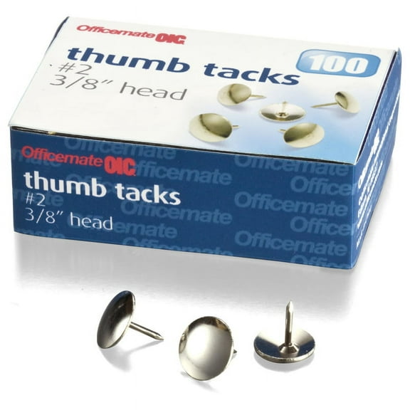 Officemate Steel Thumb Tacks, 3/8 inch Head, Silver, 100/Box (92912)