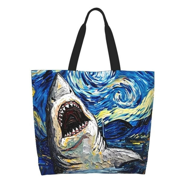 Balery Vintage Starry Sky Shark Bolsa Tote Estilo Estético con Cremalleras, Bolsa de Hombro, Bolsa de Compras Grande y Plegable