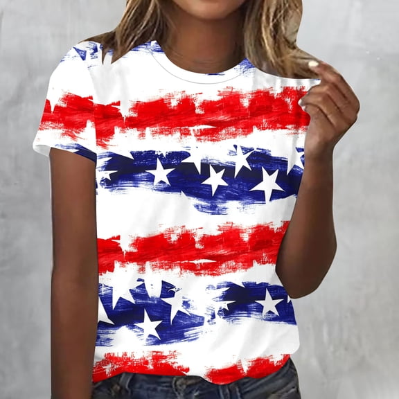 Goodtrade8 Women's Summer T Shirts Short Sleeve Casual Pullover 4th of July American Red White and Blue Independence Day , Red White and Blue Crew Neck Tops for Junior Fashion