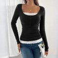 thumbnail image 2 of CIENVNSTG Women Lace Patchwork Ribbed Knit Tee Scoop Neck Casual Slim Fit Long Sleeve Crewneck Button Up Ruched Crop T-Shirts Black L, 2 of 7