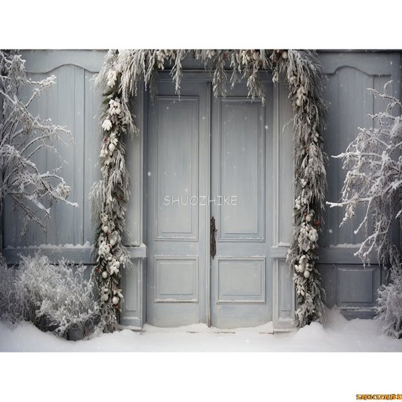Christmas Tree With Gift Boxes Photography Backdrops Winter Snow rations Wood Door Fireplace Room Background Props WR-21