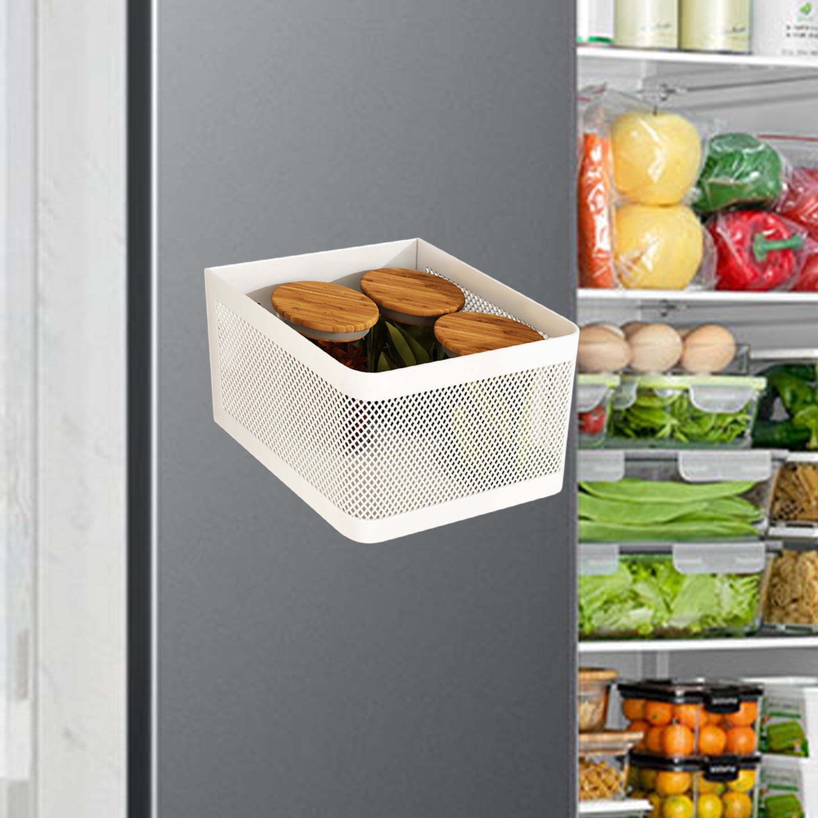 Magnetic Refrigerator Side Shelf - 6.3x4.92in No-Drill Kitchen Storage Organizer, Iron Hanging Basket for Fridge Door (White)​