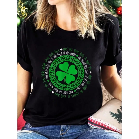 Irish Blessing Celtic Knot 4 Leaf Clover - St Women Summer Short Sleeve Fahion Printed Cotton T Shirt Graphic Tees Women Tops