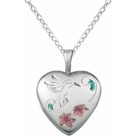 Sterling Silver Heart-Shaped with Flowers and Hummingbird Locket