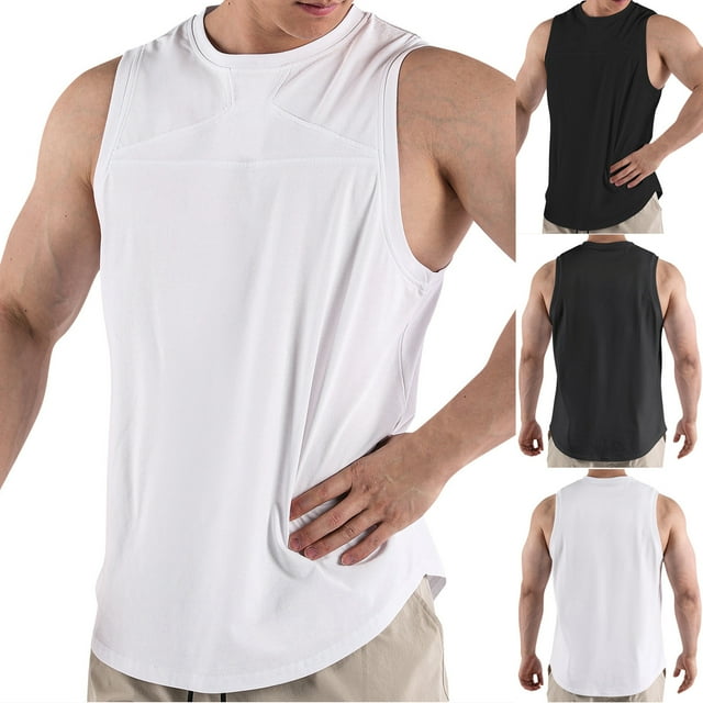 BADHUB Men's Sleeveless Undershirt Solid Color Breathable Workout Tank Top Quick Dry Performance Tee Shirt Deals White L