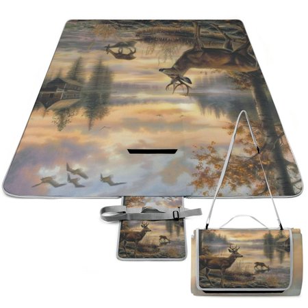 Dvbnli Sunset River with Deer Beach Blanket Foldable Lightweight Waterproof Sandproof Mat Portable Outdoor Picnic Blanket for Park Beach Camping Picnic 58.3x58.3in