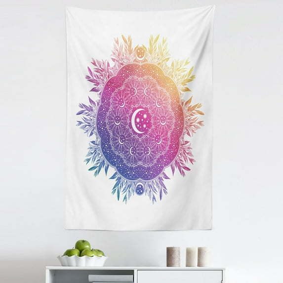 Galaxy Mandala Tapestry, Creative and Geometric Style Colorful Ornate Style Space with Crescent, Fabric Wall Hanging Decor for Bedroom Living Room Dorm, 5 Sizes, Multicolor, by Ambesonne