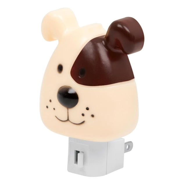 luz de noche con interruptor perrito volteck 46135 lámpara de pared en forma de perro blanco con parche marrón, fabricada en plástico ABS y poliestireno, emite luz cálida de bajo consumo, base enchufable blanca con interruptor on/off; adecuada para mesitas de noche o pasillos en interiores secos.