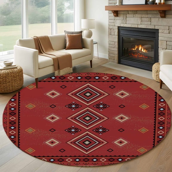 Red Boho Round Area Rug 8Ft Washable Large Circle Rugs for Living Room Dorm, Country Tribe Ethnic Geometric Stripes Art Non-Slip Carpet Floor Mats Indoor Outdoor Carpet Runner Aesthetic Home Decor