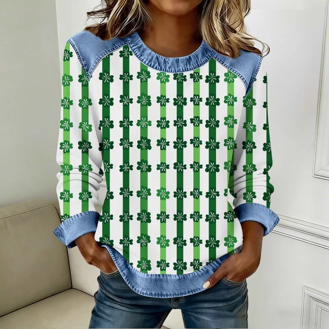 TaTaai Womens St Patrick Day Shirt 2025 Spring Long Sleeve Patchwork Round Neck Casual Blouse Solid Color Soft Comfy Top for Holiday Party Daily Wear Gift