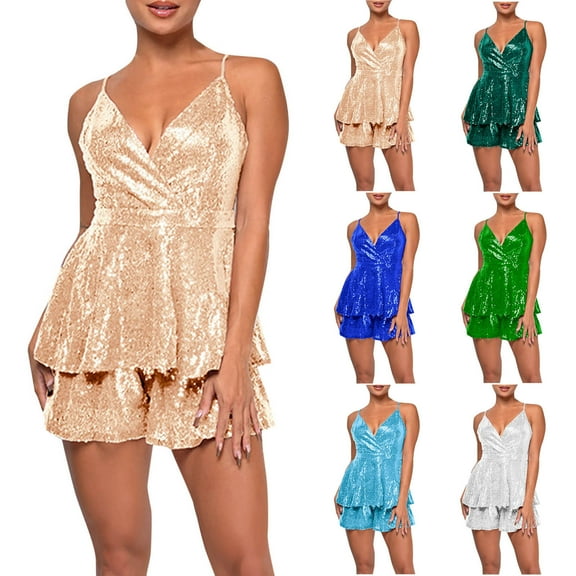 FRSASU Women Sequin Romper Sparkly Jumpsuit Shorts Shiny Deep V Neck Backless One Piece Shorts Party Concert Outfit White