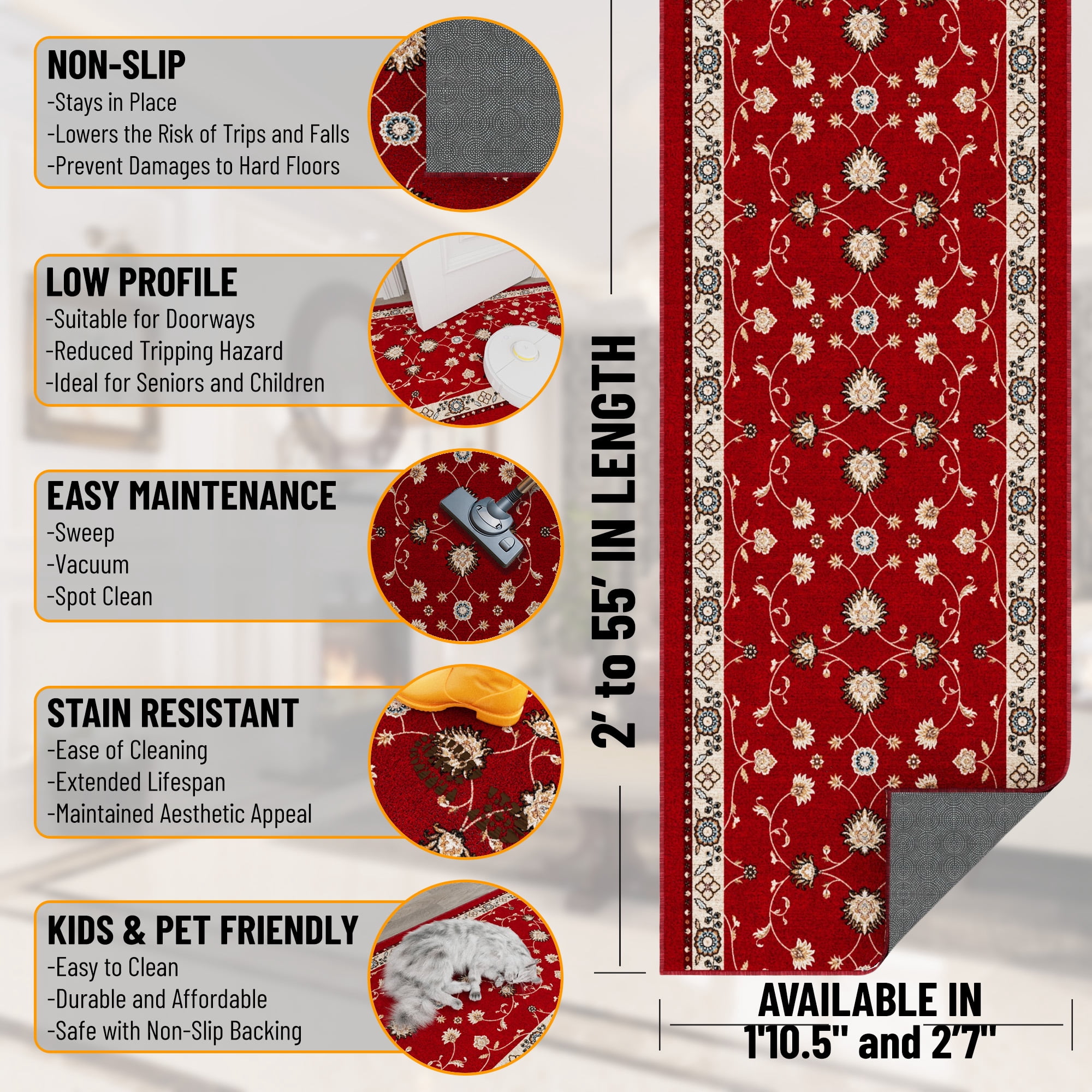 Ottomanson Aisle Runner Rug 1'10.5" x 25' Soft Non-Slip Indoor Rug, Mahal Red