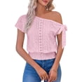thumbnail image 6 of Lenpel Women's off One Shoulder Crop Tops Short Sleeve Tie Side Cinch Bottom Eyelet Embroidered T-Shirts Dressy Casual Tee Blouses, 6 of 7