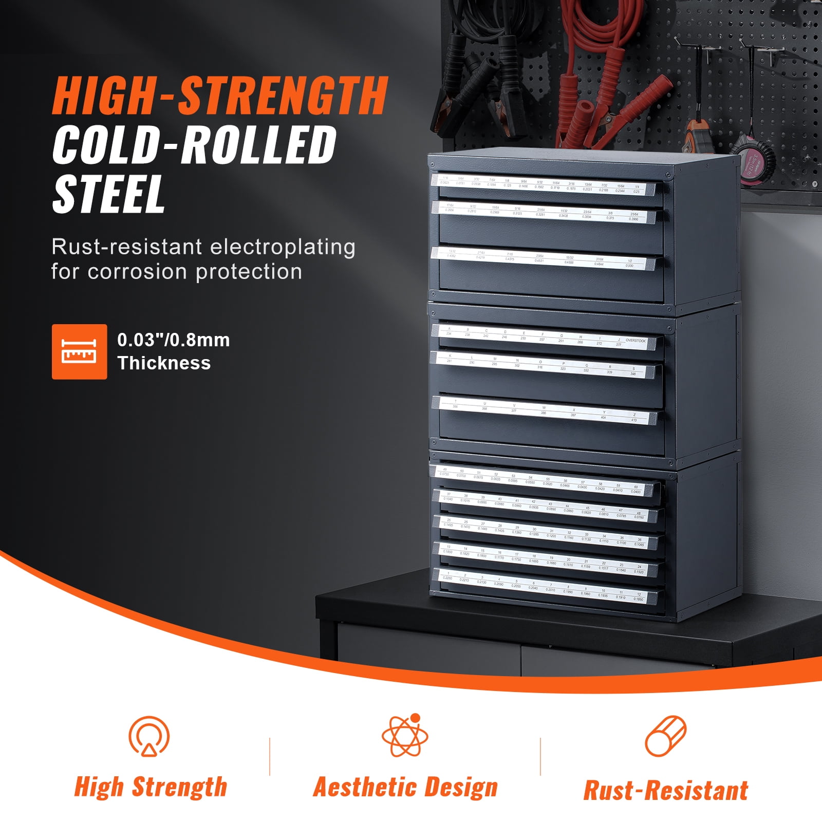 KFFKFF Drill Bit Storage Cabinet, Includes 3 Three-Drawer Units for 1/16" to 1/2" & A-Z Letter Sizes, Plus Five-Drawer Organizer for Wire Gauge #1 to #60, Modular Design for Easy Stacking