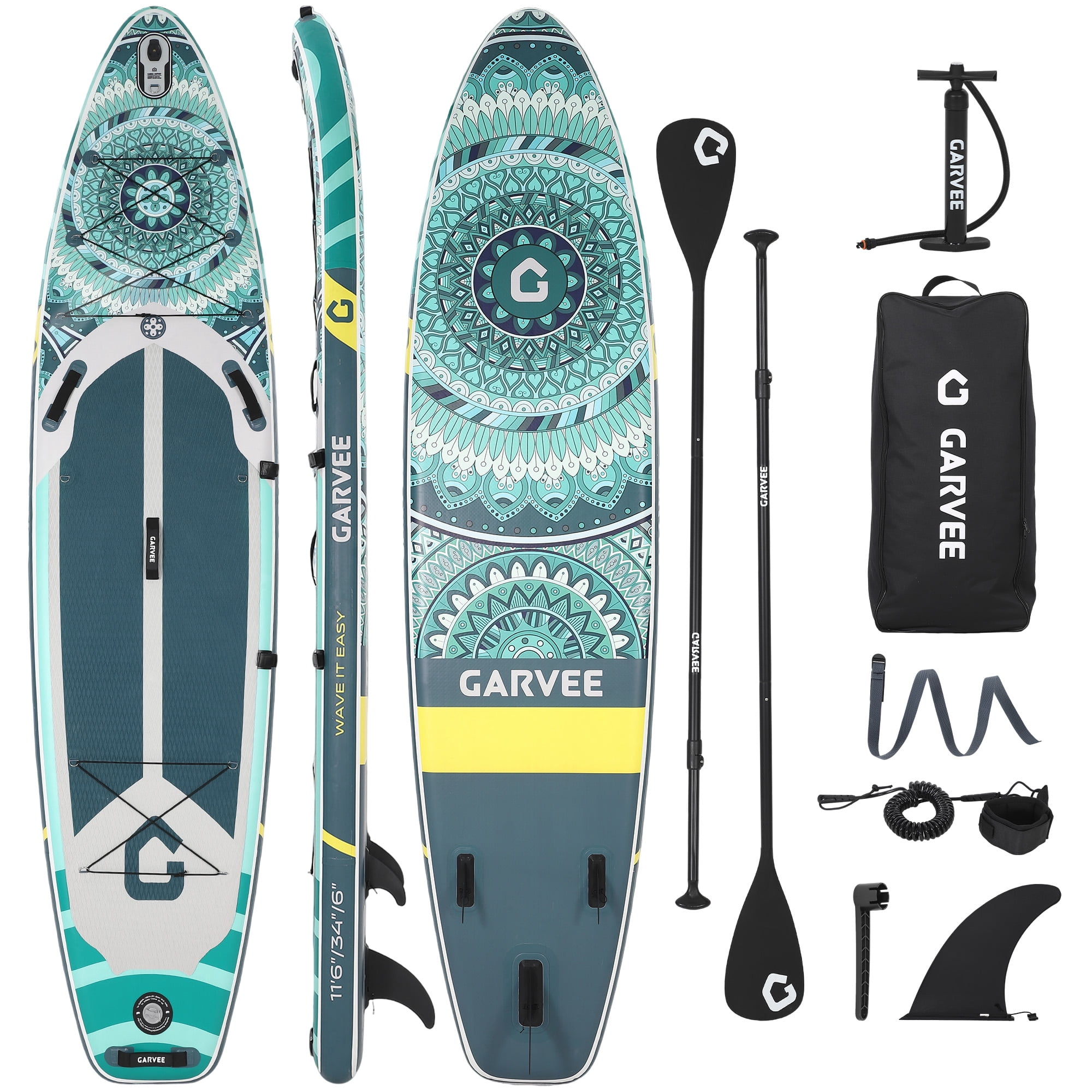 Bohemian Inflatable Stand Up Paddle Board with Accessories, EVA Non-Slip Deck, 3 Removable Fins, Adjustable Paddle, Pump, Leash & Backpack, All-Around iSUP for Adults & Youth, 11.5', Deep Green