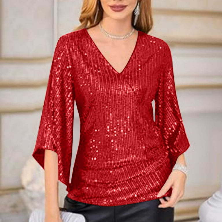 Turilly Womens Sequin Tops 3 4 Sleeve Glitter Sparkly Party Blouse V Neck Dressy Tops For Evening Party Red XXL