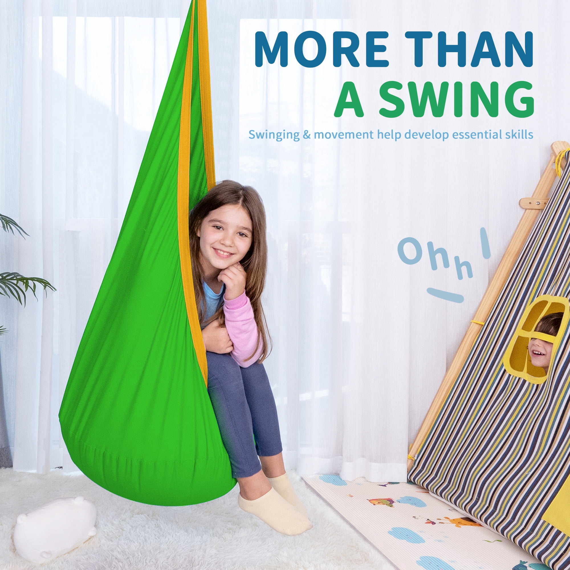 OUTREE Cotton Kids Pod Swing Seat Green and Yellow