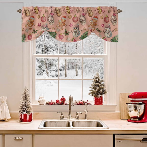 Tie Up Valance Curtain for Kitchen, Retro Ginger Bread Man Snowman on Pink Rod Pocket Short Curtains Adjustable Tie-Up Shade Valances, Christmas Tree Window Treatment for Bathroom Living Room Bedroom