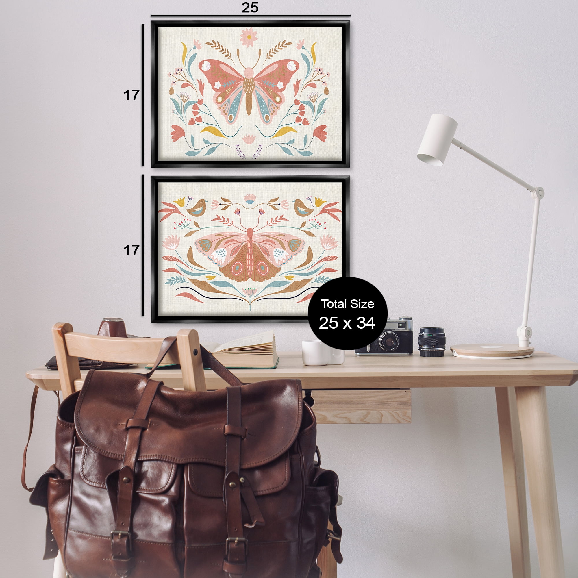 Stupell Industries Folk Butterflies & Florals Insects Painting Black Floater Framed Canvas Art Print Wall Art, 25 x 17, Set of 2