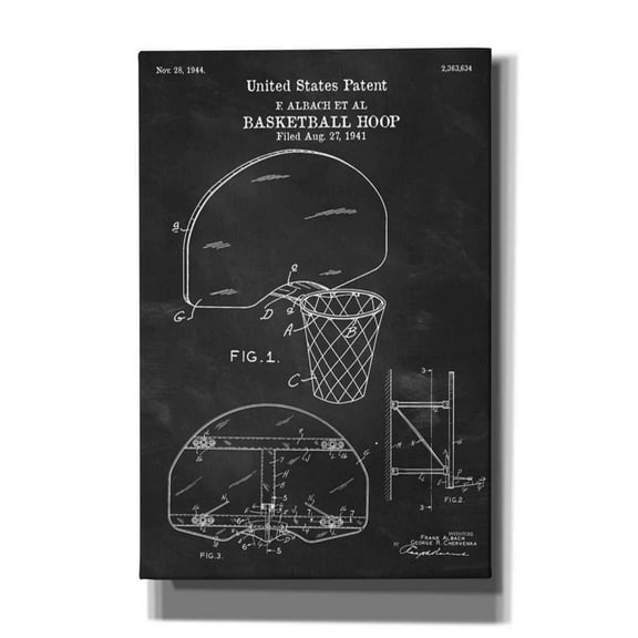 Epic Graffiti "Basketball Hoop Blueprint Patent Chalkboard" Giclee Canvas Wall Art, 12"x18"