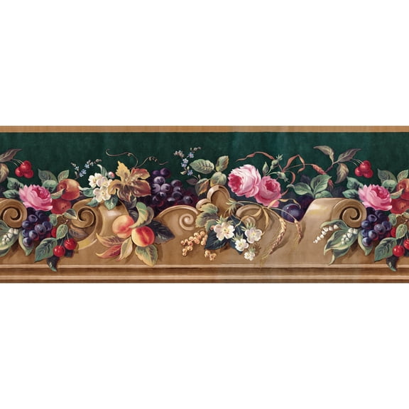 Vintage Fruits and Floral Wallpaper Border - Pink Rose, Grape Vine - Kitchen Wall Decor - 15' L x 9.5 W - Green, Brown