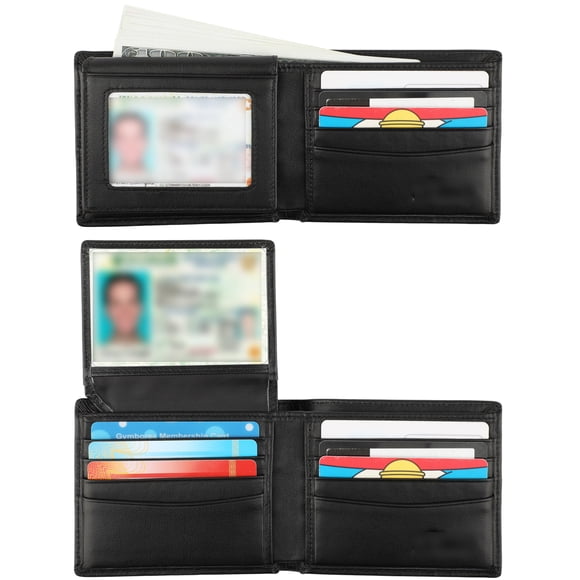 RFID Blocking Cowhide Leather Bifold Wallet For Men With 2 ID Windows Black