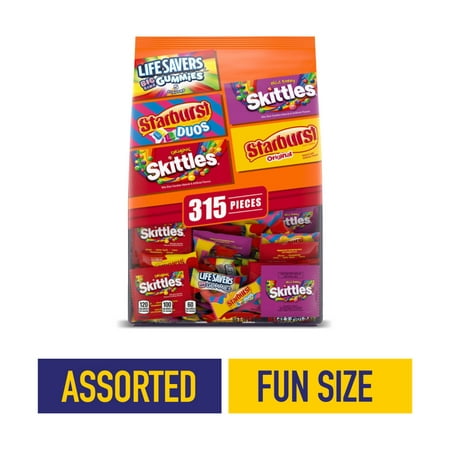 SKITTLES, STARBURST, LIFESAVERS Big Ring Gummies SKITTLES Wild Berry, STARBURST Duos FUN SIZE Halloween candy, 315 pieces, 99.4 oz bag