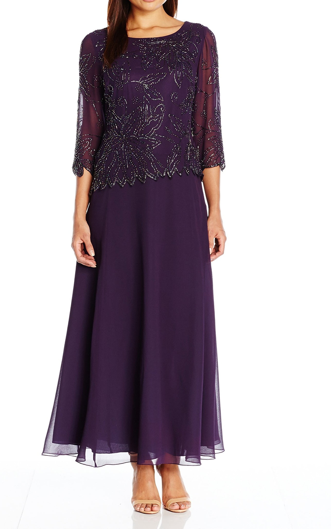 J Kara Womens Gown Petite Floral Beaded 3/4 Sleeve 12P