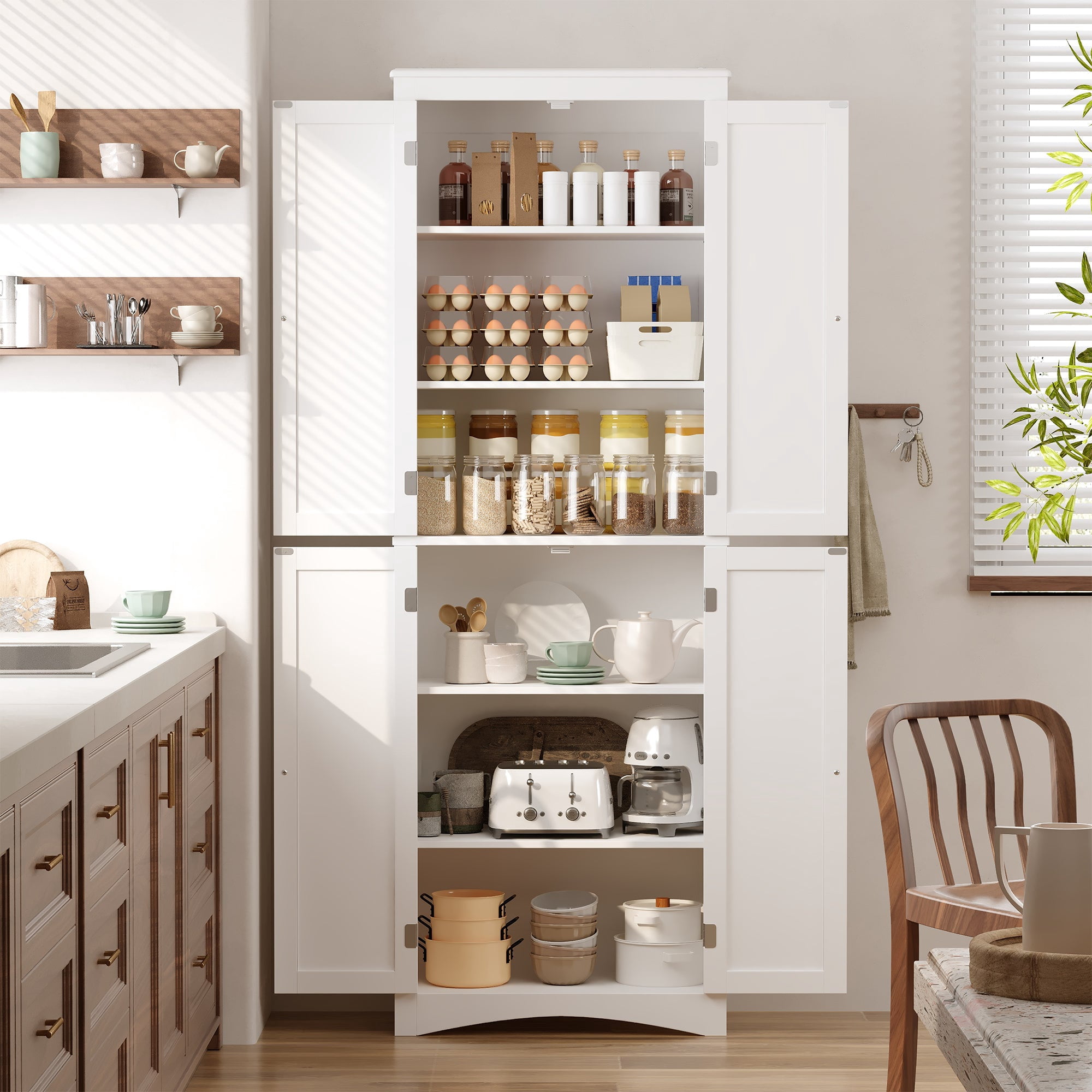 Aiho 66.9" Bathroom Storage Cabinet, Freestanding Wooden Linen Cabinet with 4 Doors & Adjustable Shelves for Bathroom, Kitchen, White