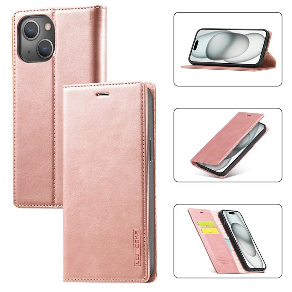 LC.IMEEKE Leather For iPhone 15 Case, Flip Wallet Leather Case with Card Holder Magnetic Closure Shockproof Kickstand Protective Phone Cases Cover For iPhone 15,Rose Gold,For iPhone 15