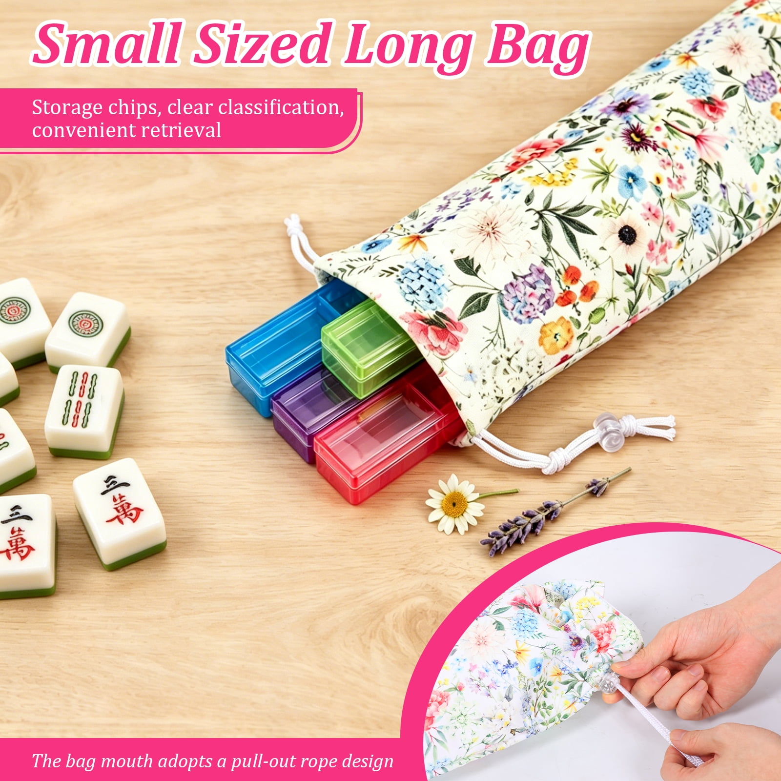 Floral Mahjong Storage Bag Set 3 Piece Organizer with Large Tote Tile Pouch and Drawstring Bag for American Mahjong Tile Rack and Accessories