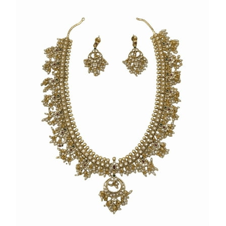 South Indian Bollywood Gold Plated AD CZ White, Ruby & Green Stone Guttapusalu Haram Matte Finish Brass Necklace Set with Matching Drop Earrings – Bridal & Party Wear Jewelry