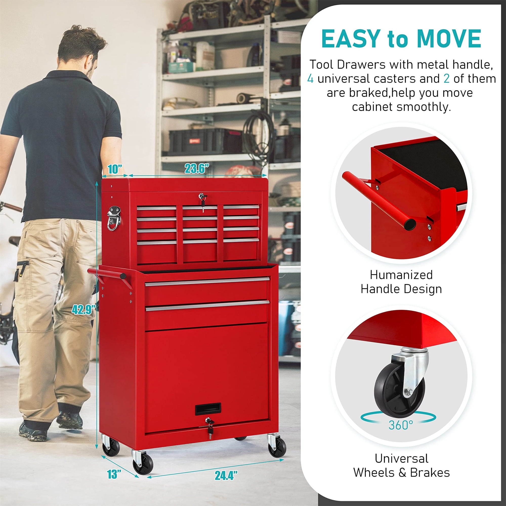 Aukfa Tool Chest, 2in1 Steel Rolling Tool Box & Cabinet On Wheels for Garage, 8-Drawer, Red