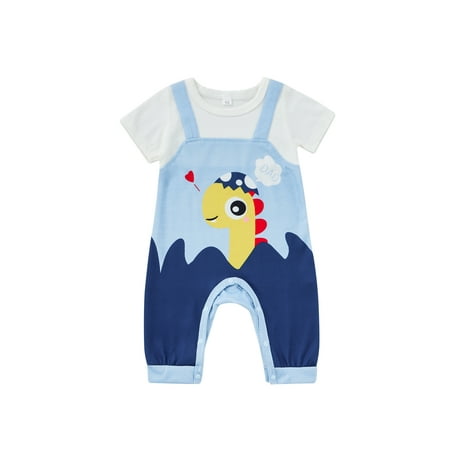 

Suanret Newborn Baby Boy Girl Fake Two-Pieces Style Romper Infants Short Sleeve Cartoon Pattern Round Neck Patchwork Jumpsuit Casual Simple Overalls Blue 6-9 Months