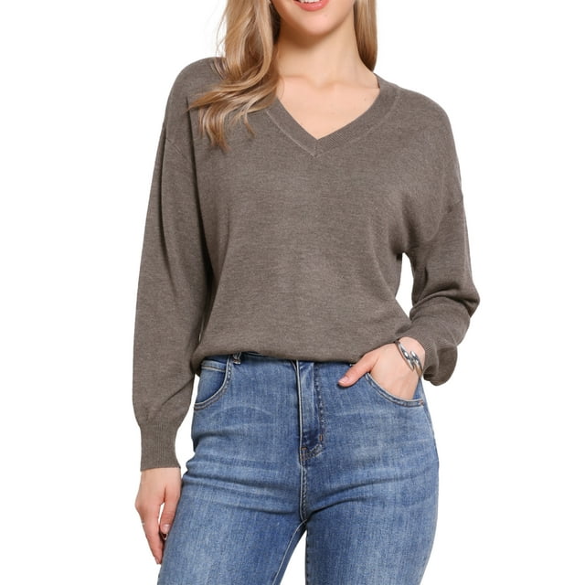 Suéter V de inspiración chic para mujer, de manga larga casual, liviano, pulóver suave de punto, talla XS, color marrón