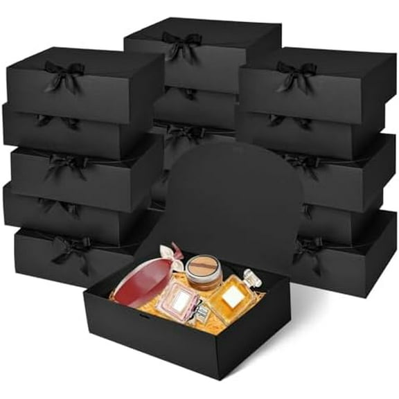 12Pack Black Gift Boxes with Lids, 12×9.8×3.1 Inch Groomsmen Proposal Box, Luxury Black Gift Box with Ribbon for Bridesmaid Box, Graduation, Christmas, Wedding, Birthday, Party