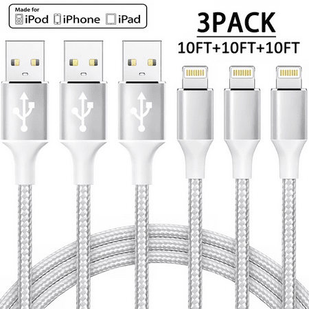 Utral Long 10FT iPhone Charger Cord,3 Pack MFi Certified Lightning Cable Fast Charging High Speed Data Sync USB Cable for iPhone 14/13/12/11 Pro/Max/XS/MAX/XR/XS/X/8/7/Plus/6S-White