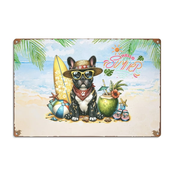 French Bulldog Hello Summer with Sunglasses and Surfboard Tropical Vibes Horizontal Metal Aluminum Sign Dog Lover Gifts Wall Art Home Decor - 00007