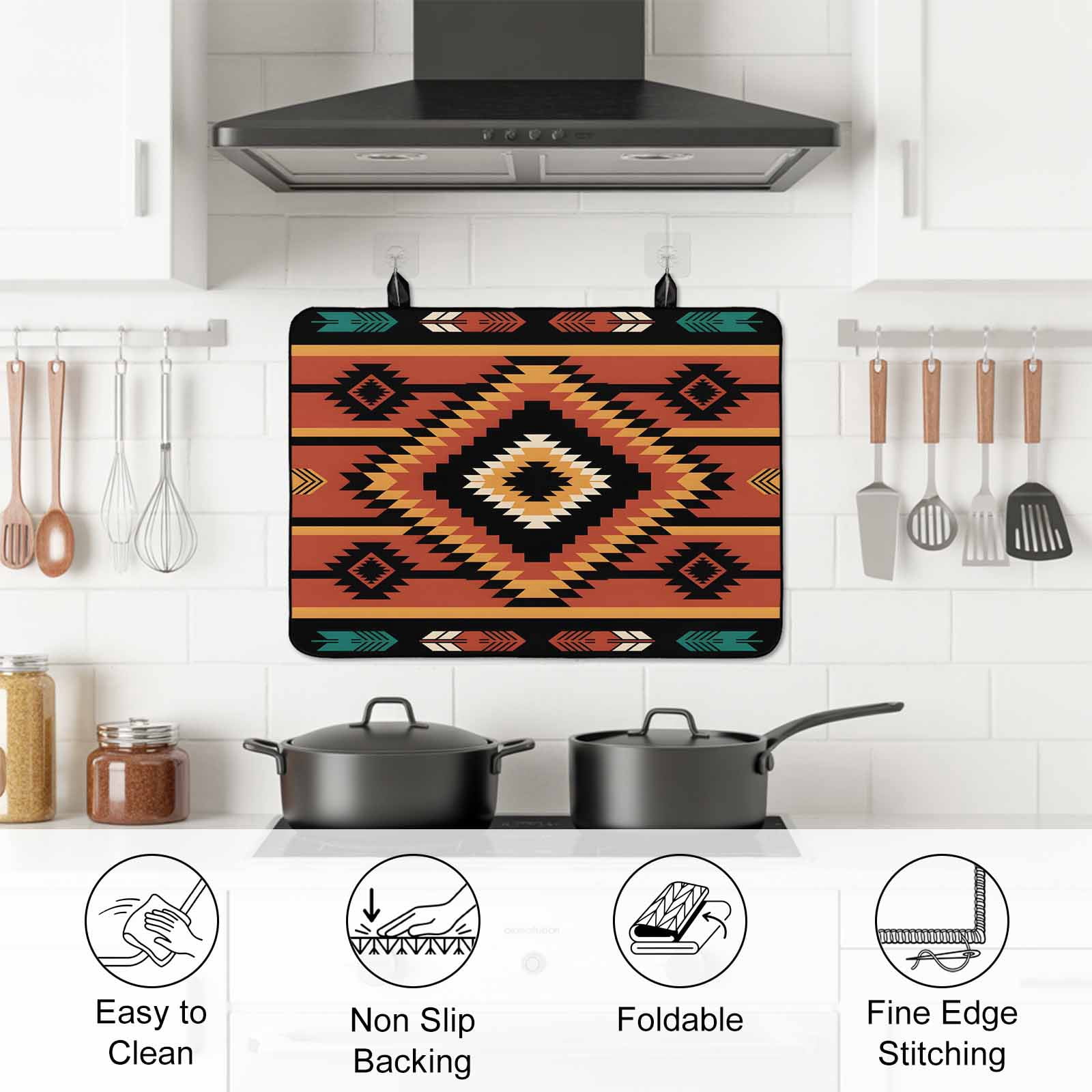 Aztec Southwest Stove Top Cover for Electric Stove, Heat-proof & Non Slip Glass Top Stove Cover Protector, Orange Black Boho Tribes Abstract Kitchen Flat Cooktop Rubber Mat 24x21 Inches