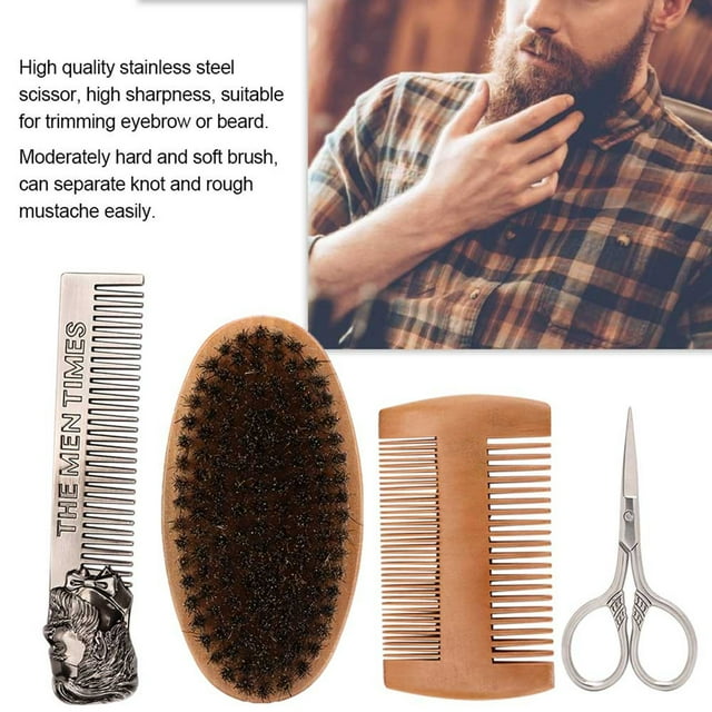 Beard Care Tool Set, Beard Grooming Kit for Men, Stainless Steel Scissor with Soft Brush Double Ended Comb for Trimming Mustache and Beard Come with a Storage Bag