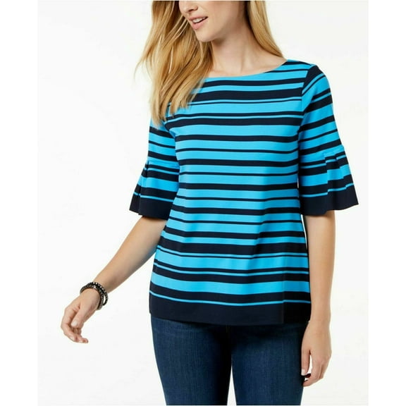 NEW Charter Club Women's Printed Flutter-Sleeve Top Turquoise Stripe Size XS