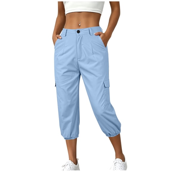 Hurxie Cargo Capri Pants for Women High Waisted Elastic Knit Waist Casual Capris Trousers Cropped Pants Light Blue,2XL