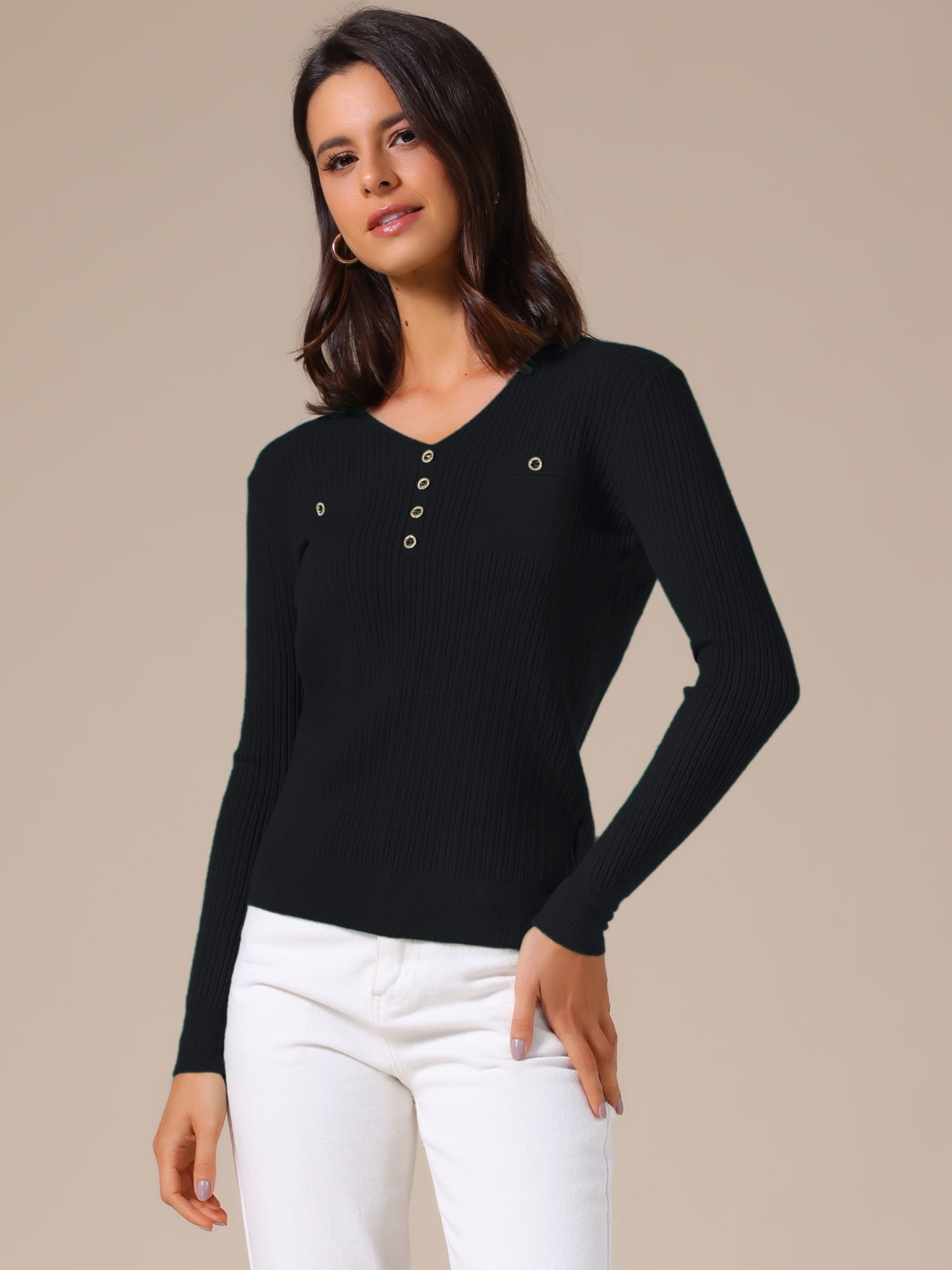 DARING DIVA Women's Long Sleeve Button Decor V Neck Ribbed Knit Sweater L Black